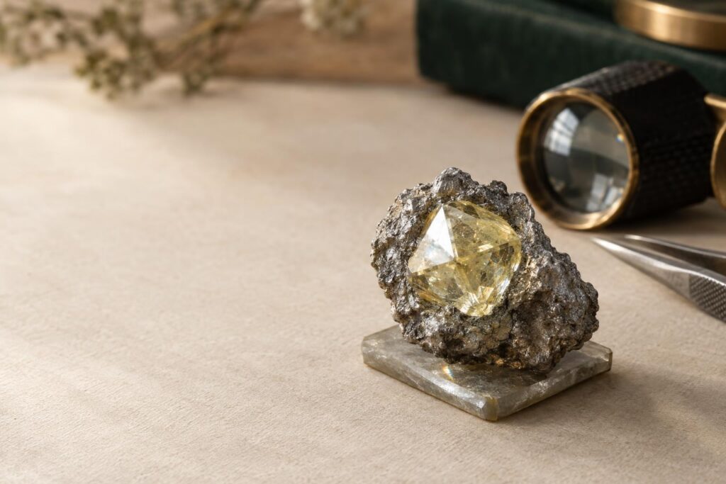 Rough yellow diamond crystal grown on a seed plate in solidified iron-nickel metal, with loupe and tweezers nearby