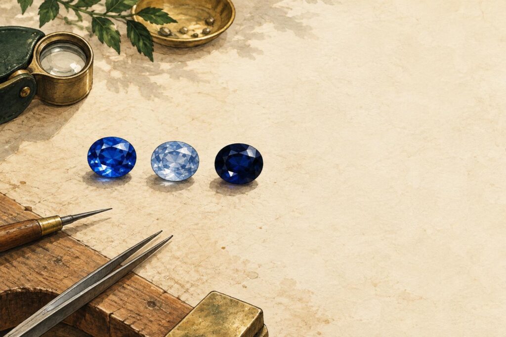 Three loose sapphires arranged on a jeweller's bench, each showing different colour intensity and depth variations.