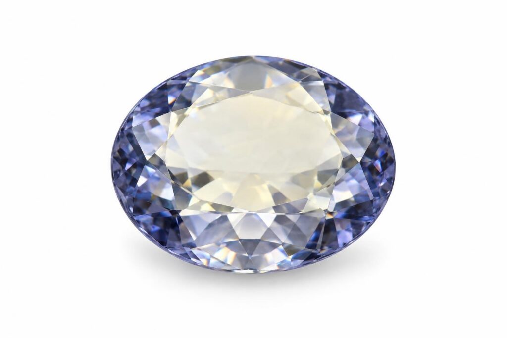 Oval faceted bluish iolite showing a pale, almost colourless yellow tint through the top facet
