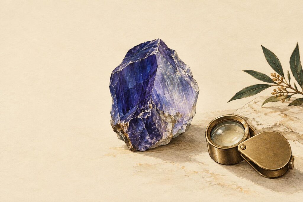 Raw iolite crystal displayed from two angles showing its blue-violet pleochroism, with a jeweller's loupe nearby.