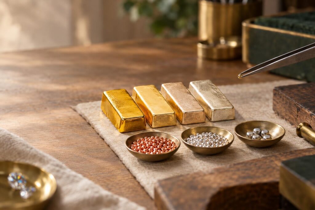 Gold alloy bars beside dishes of copper, silver and palladium granules on a bench