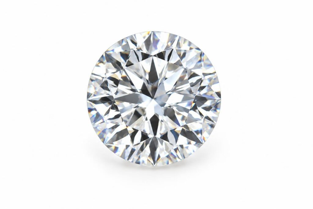 Loose colourless round brilliant diamond on a white background