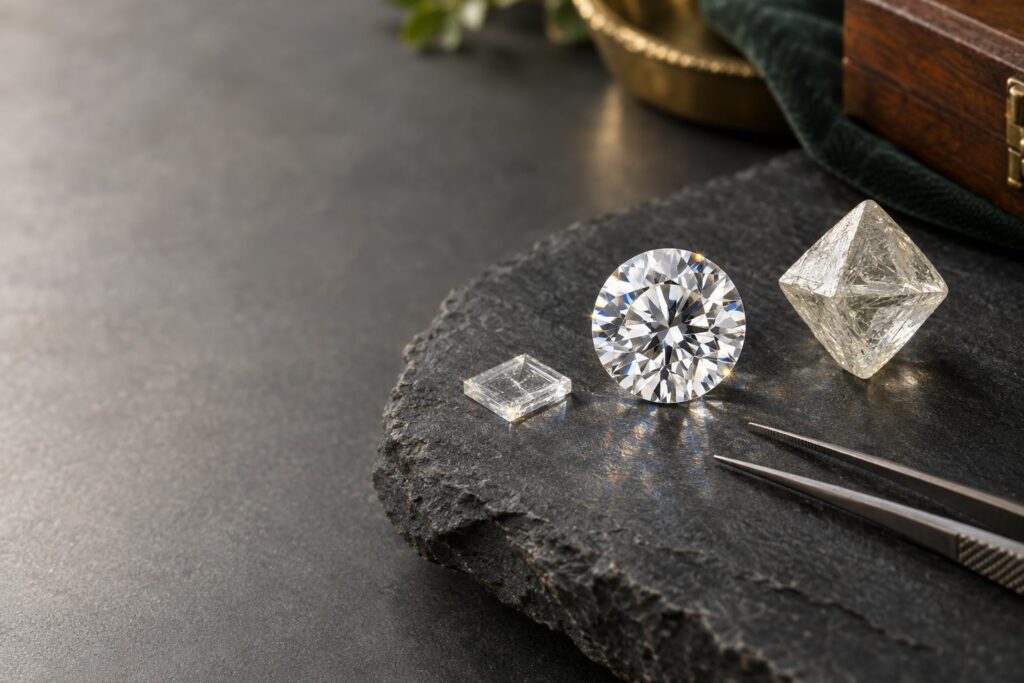 Colourless round brilliant diamond beside a diamond seed plate and a rough octahedral crystal on slate