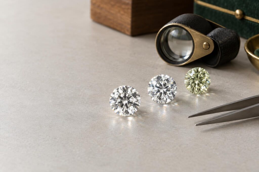 Diamond, cubic zirconia and moissanite round brilliants in a row beside a loupe and tweezers