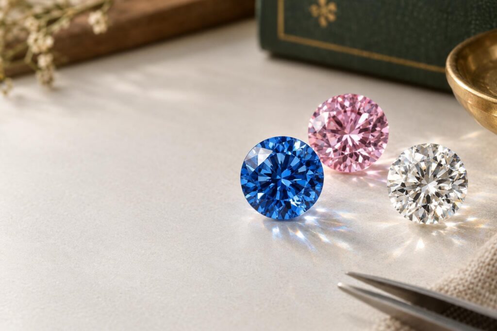 Blue, pink and colourless round brilliant diamonds side by side on a white surface