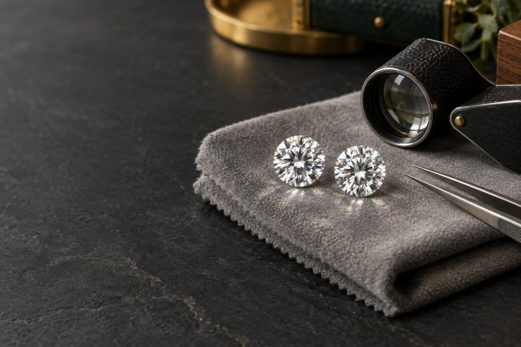 Two matching colourless round brilliant diamonds on a grey cloth beside a loupe and tweezers on a dark bench