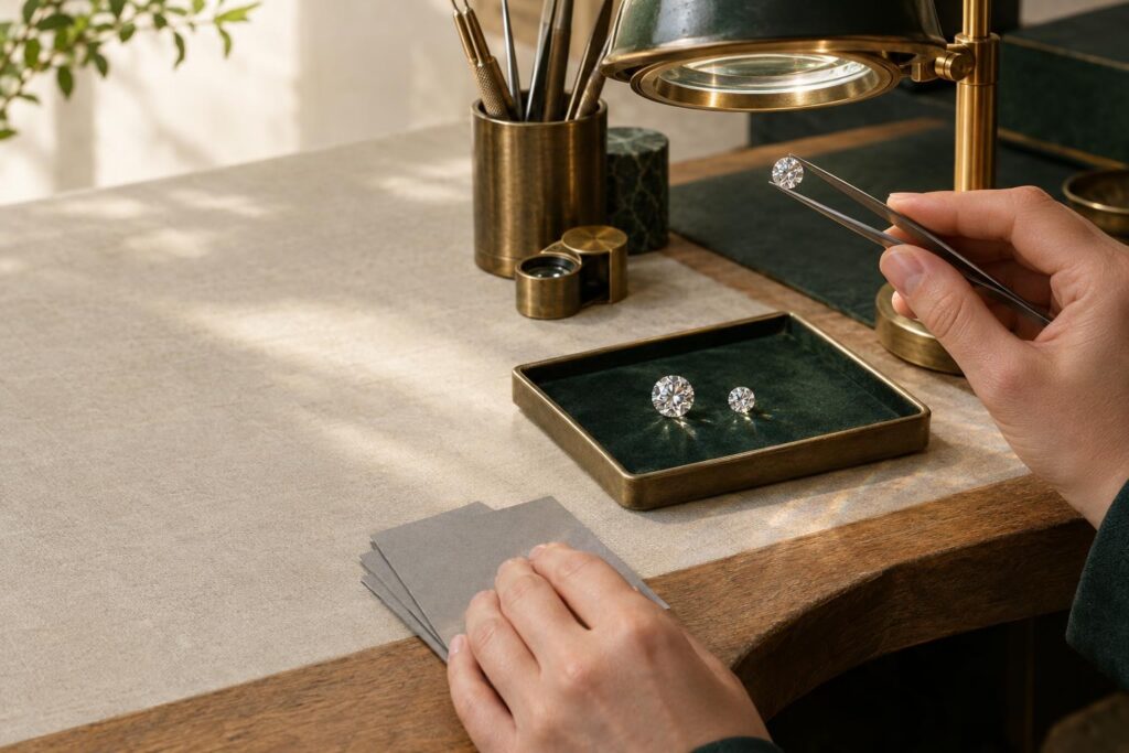 Jeweller's hands inspecting a loose round diamond with tweezers and loupe beside a tray of other stones