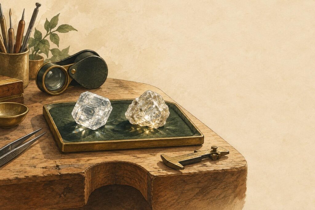 Lab-grown and natural rough diamonds displayed together on a jeweller's bench with assessment tools and lighting.
