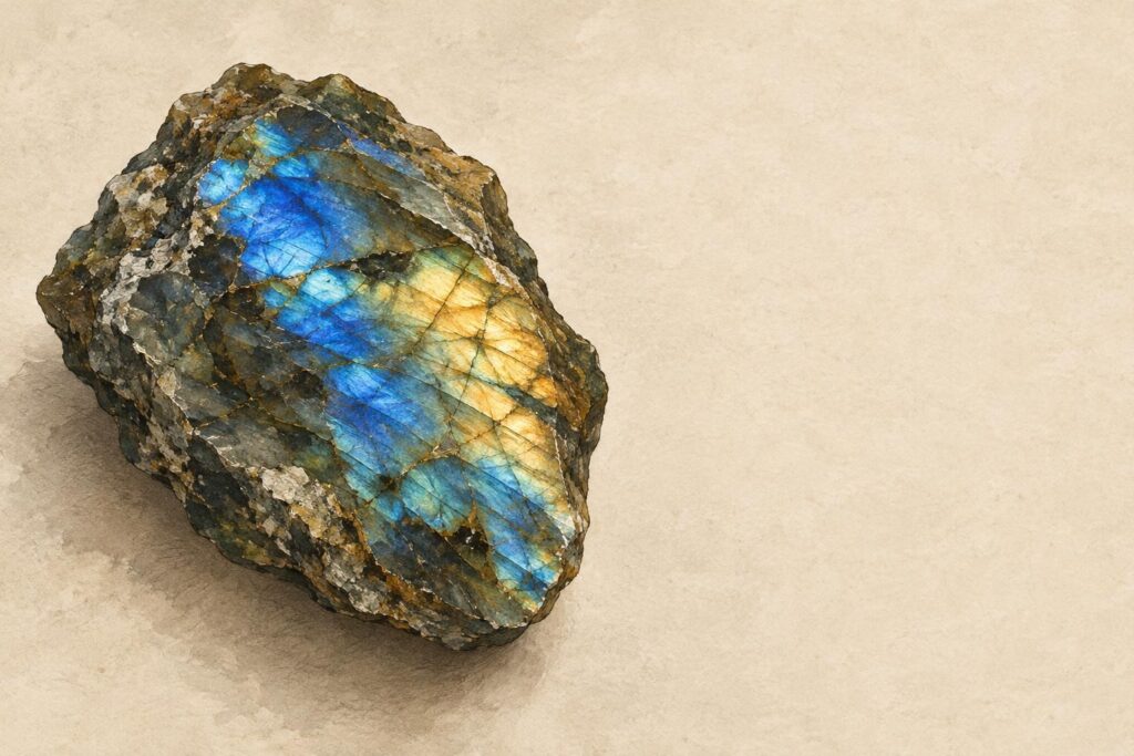 Rough labradorite specimen showing blue and gold labradorescence flashing across its surface under directional light.