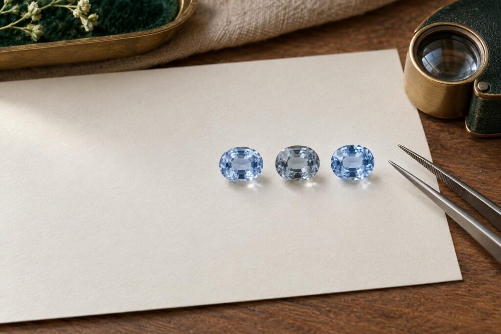 Three pale blue oval sapphires in a row showing different saturation, with tweezers and a loupe