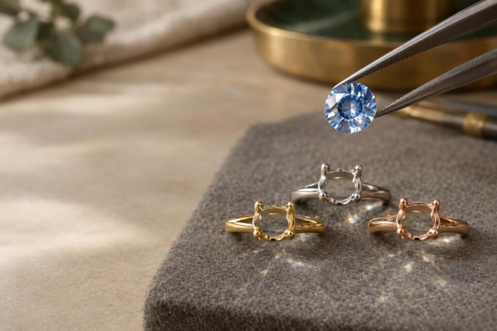 Pale blue sapphire held over yellow, white and rose gold claw settings to compare metal reflections