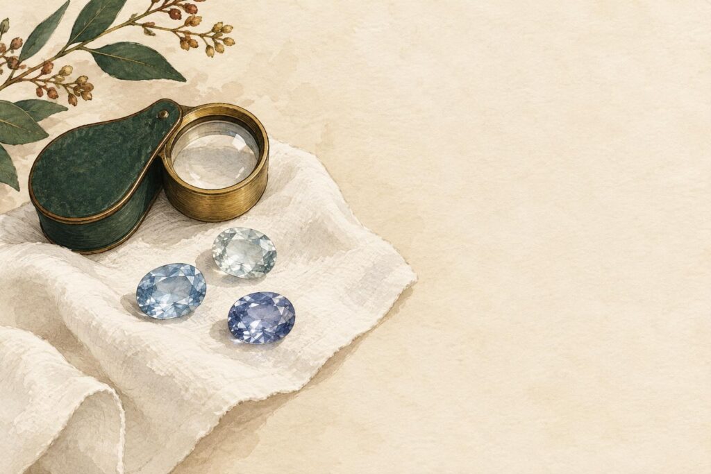 Three loose pale sapphires of different tones arranged on white cloth with a jeweller's loupe.