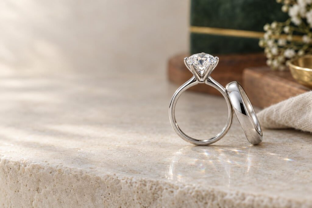 Solitaire diamond ring beside a plain straight band with a small gap under the raised setting