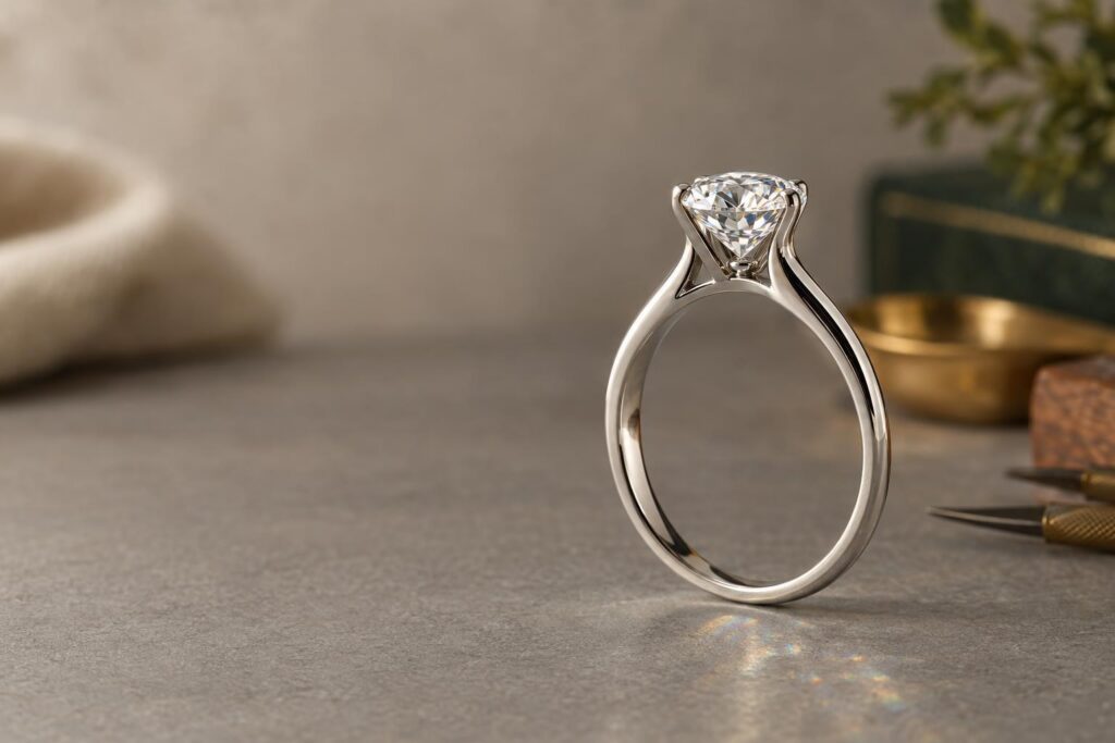 Side profile of a diamond ring showing head, shoulders and shank of the setting