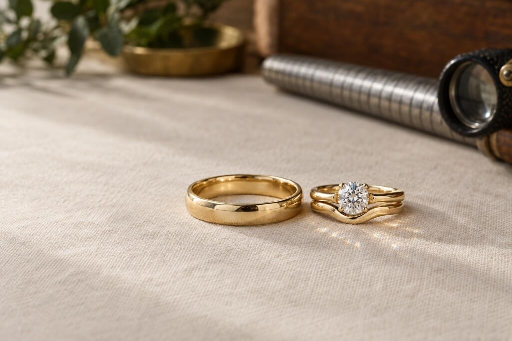 Contoured gold wedding band fitted snugly against a diamond engagement ring, beside a straight band