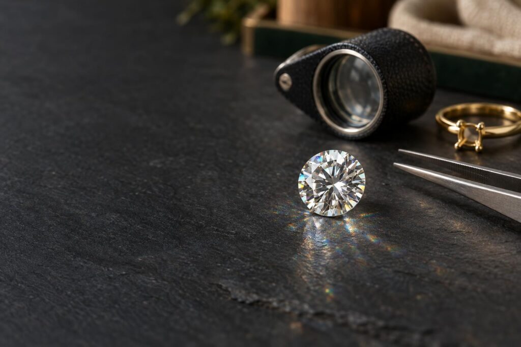 Colourless round brilliant moissanite on a slate bench beside a loupe, tweezers and a gold solitaire ring