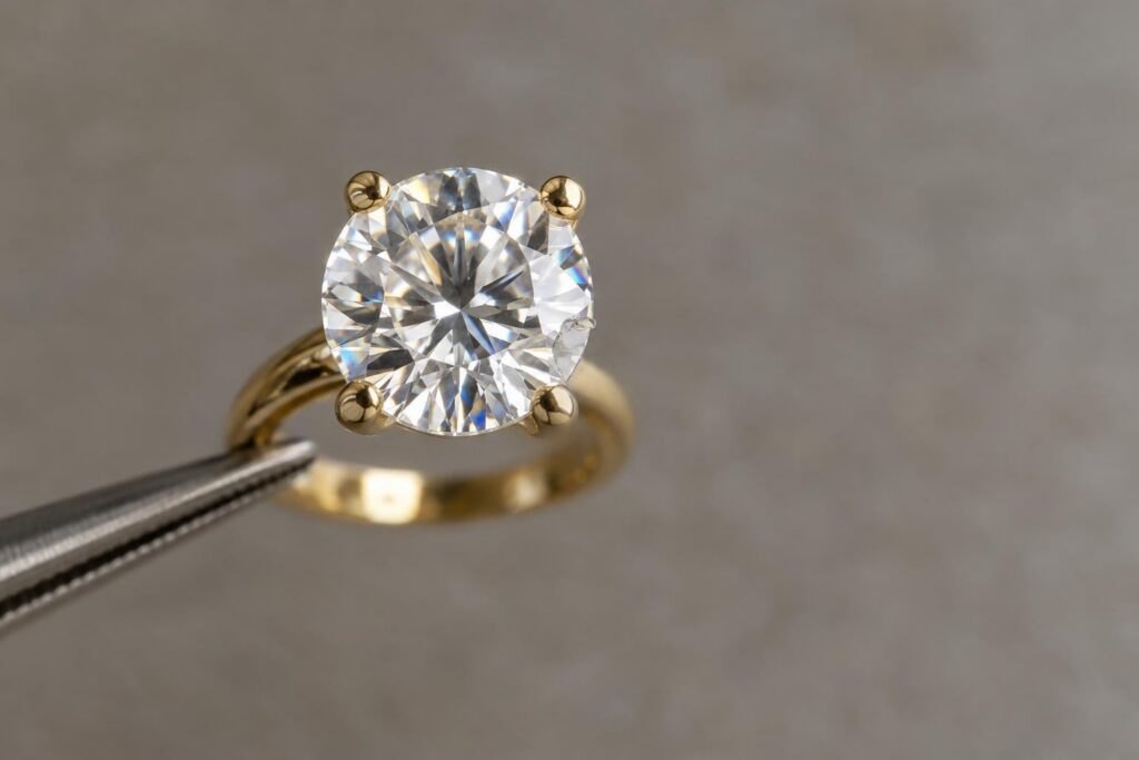 Macro of a moissanite girdle with a small shell-like chip in a four-prong gold setting