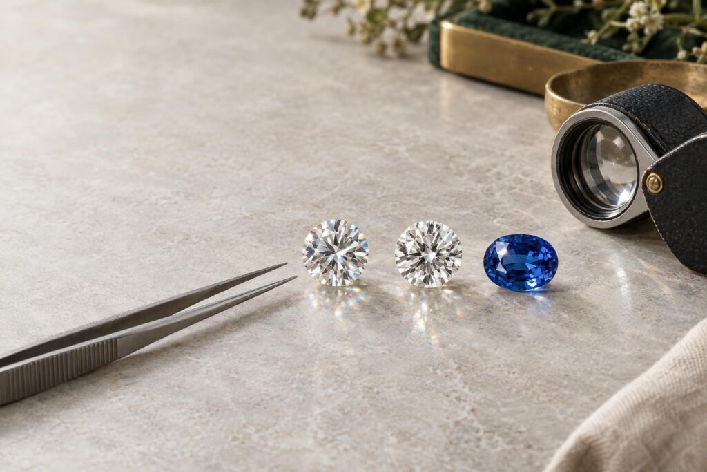 Loose moissanite, diamond and blue sapphire side by side on grey stone with a loupe and tweezers