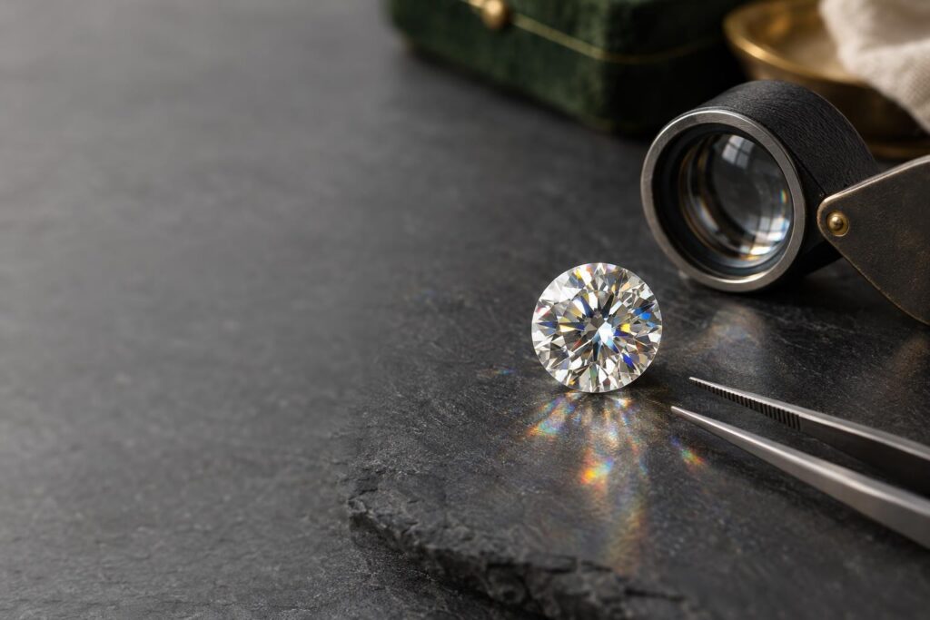 Colourless round brilliant moissanite showing rainbow fire on slate beside a loupe and tweezers