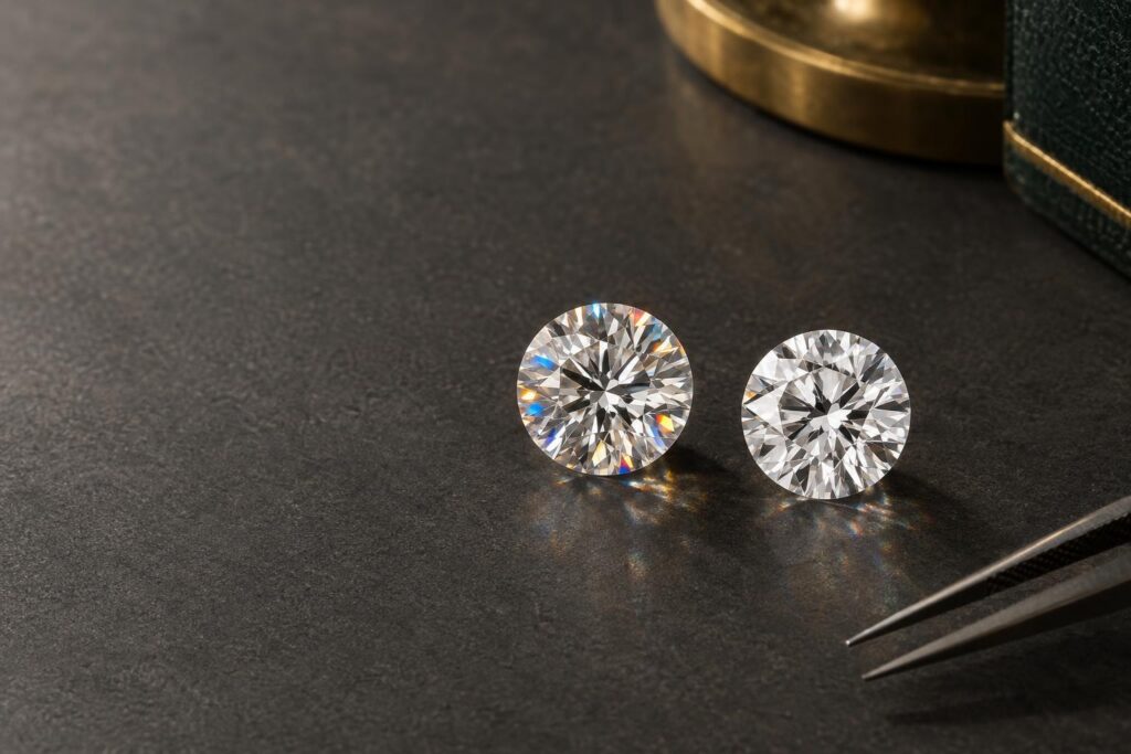 Moissanite and diamond side by side, the moissanite showing stronger rainbow fire