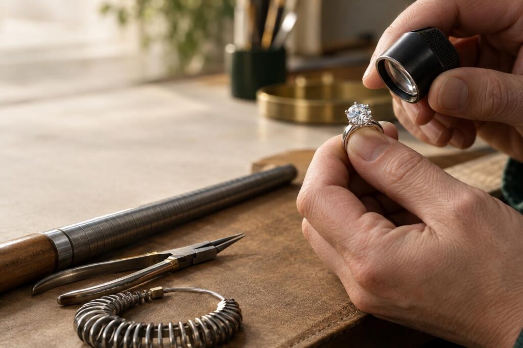 Jeweller inspecting a claw-set moissanite solitaire ring with a loupe at a bench