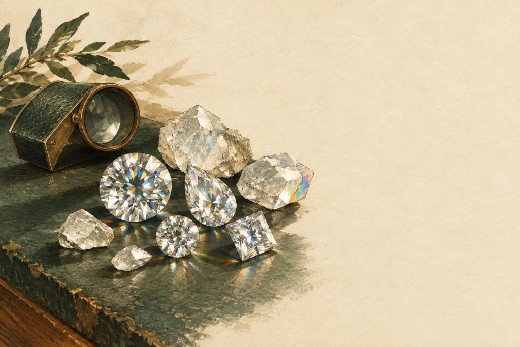 Lab-grown moissanite crystals and rough stones on a jeweller's work surface with a loupe, showing their sparkle and geometric structure.