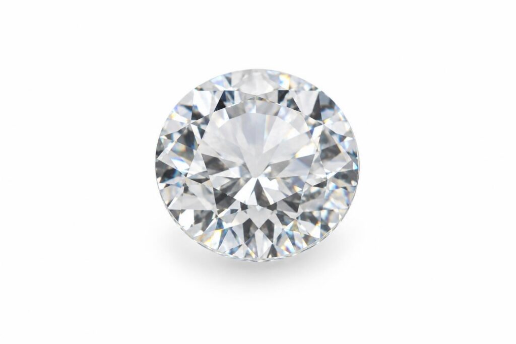 Loose round brilliant-cut colourless topaz on a white background