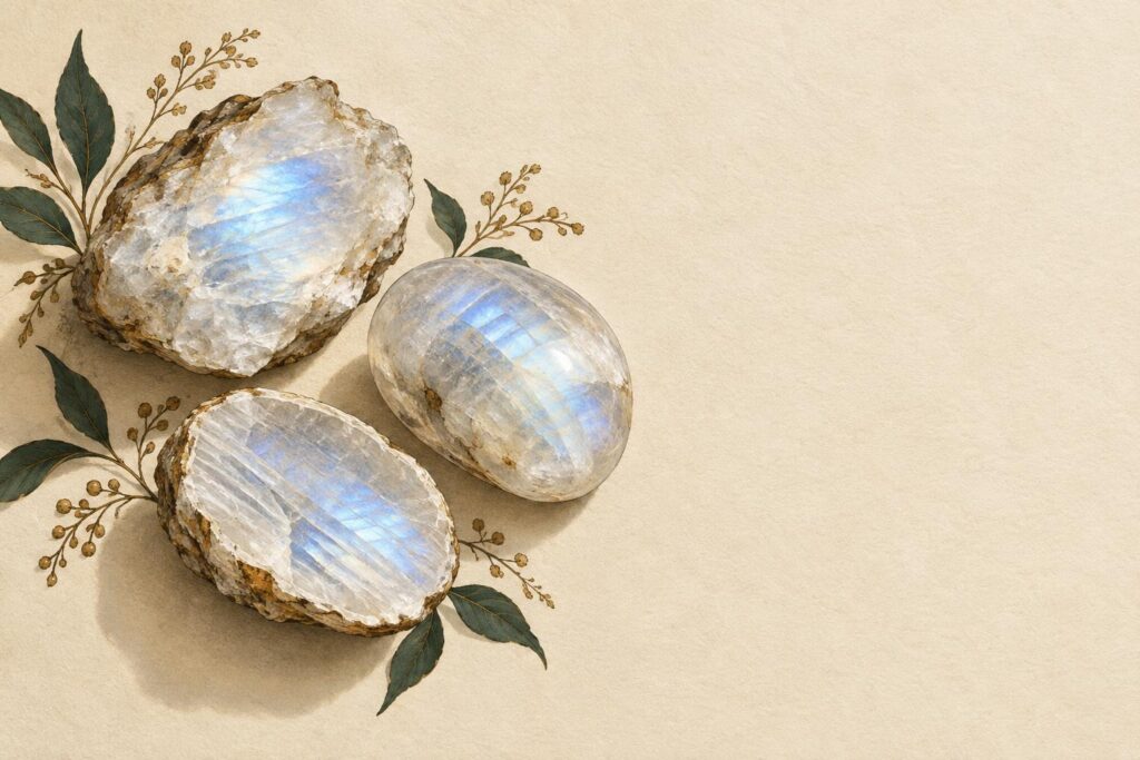 Raw moonstone specimens showing adularescence effect, with one cut in half to reveal internal layers, arranged on neutral background.
