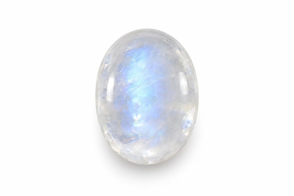 Oval moonstone cabochon, nearly transparent, with a soft blue sheen across the top