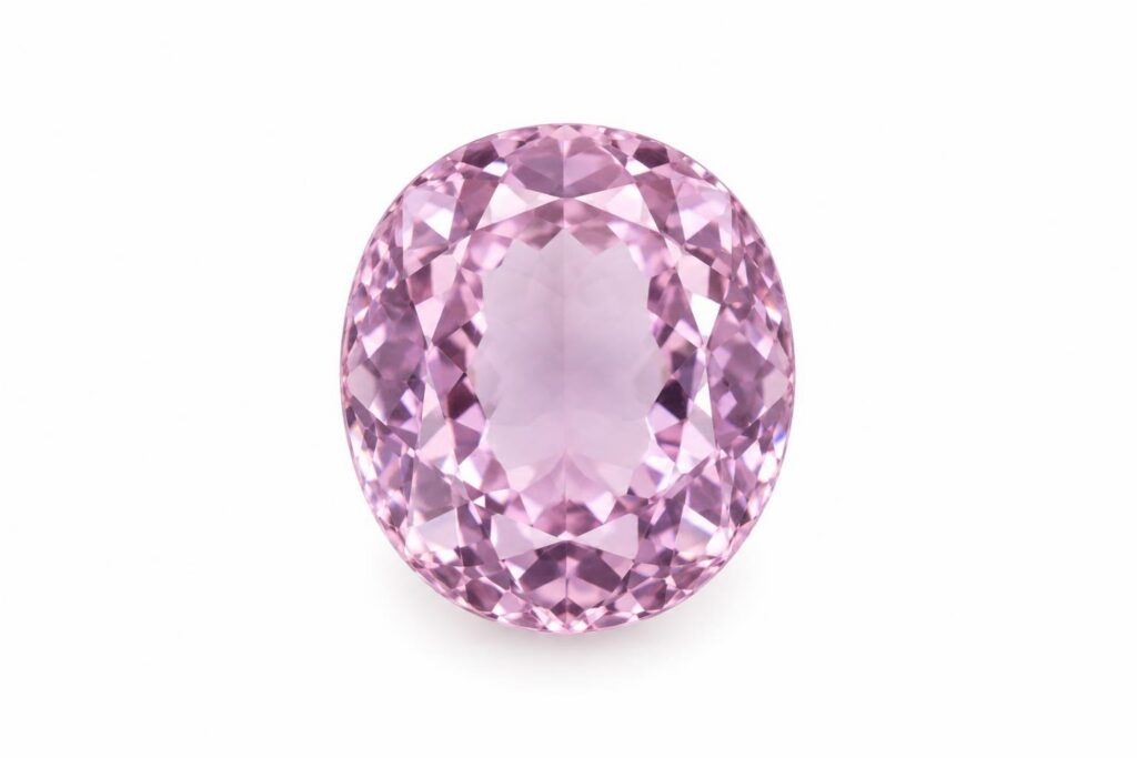 Loose oval morganite in pastel purplish pink on a white background