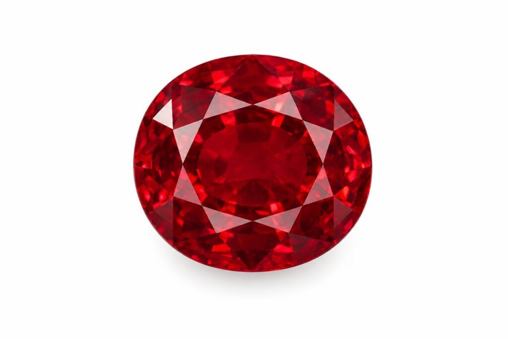 Faceted oval ruby in vivid pure red, seen face-up on white