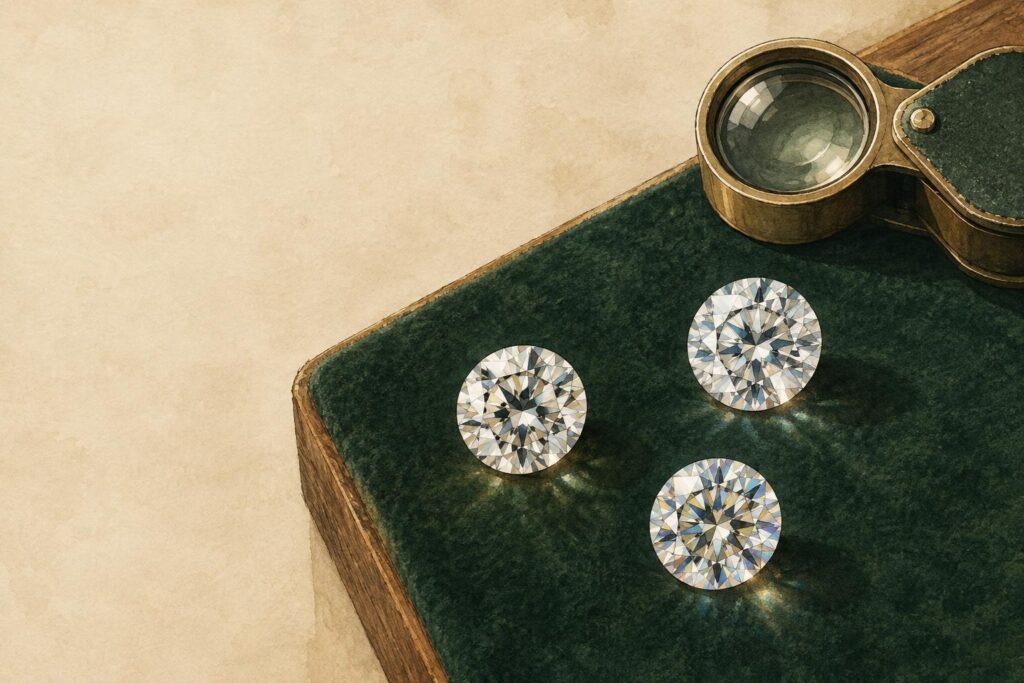 Three loose gemstones on velvet with a jeweller's loupe on a workbench, showing similar yet subtly different light reflections.
