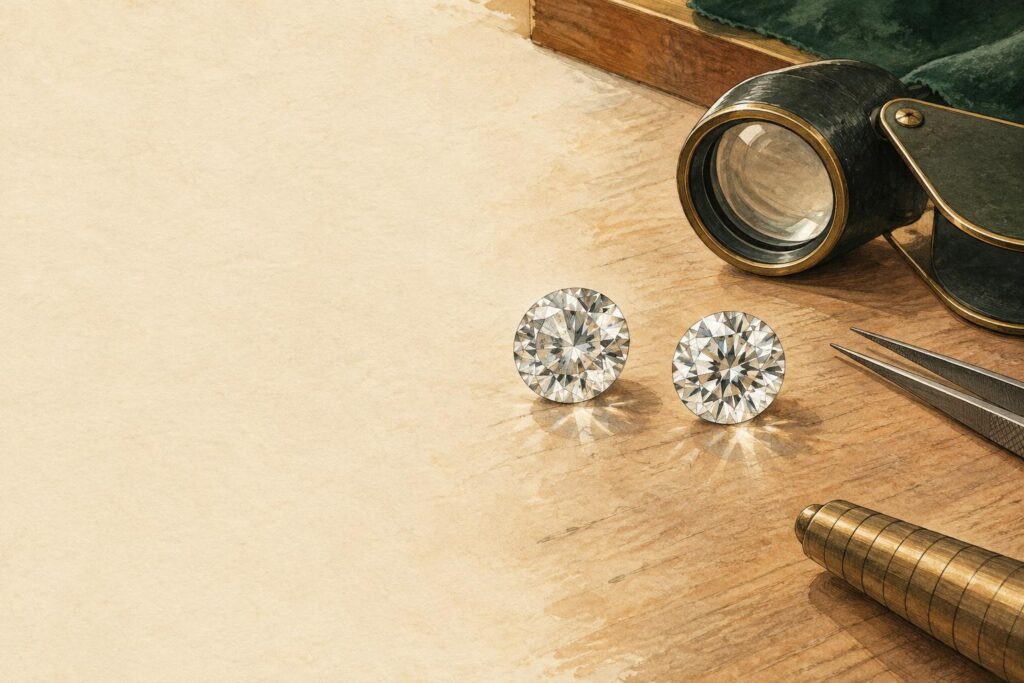 Two loose diamonds under magnification on a jeweller's workbench, one natural and one lab-grown, side by side for comparison.