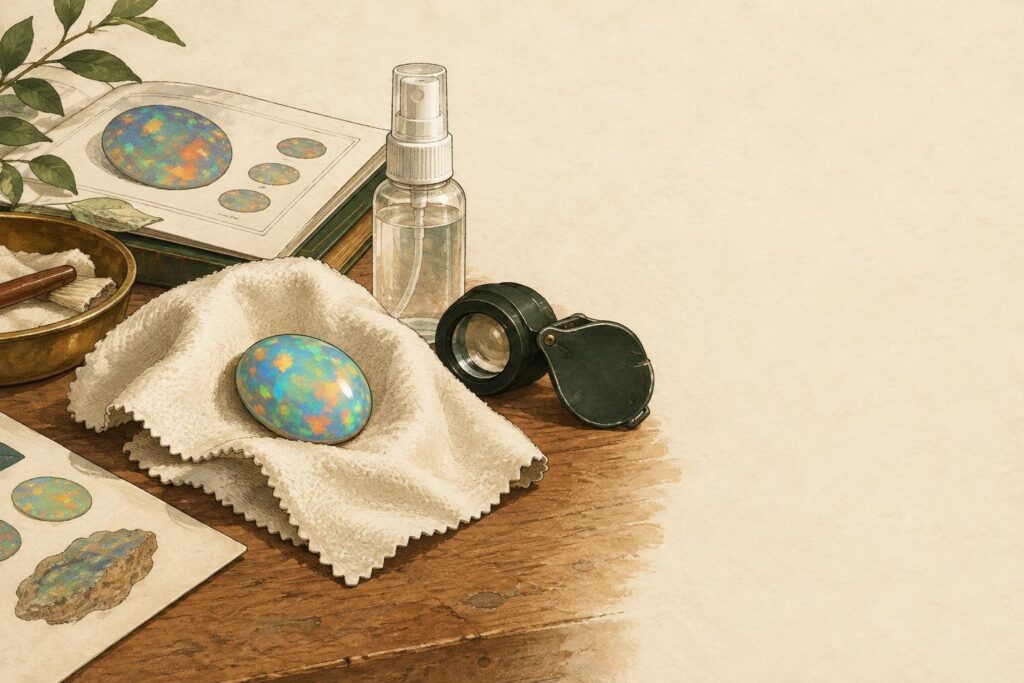 Loose opal gemstone on jeweller's cloth with cleaning tools and loupe on wooden workbench