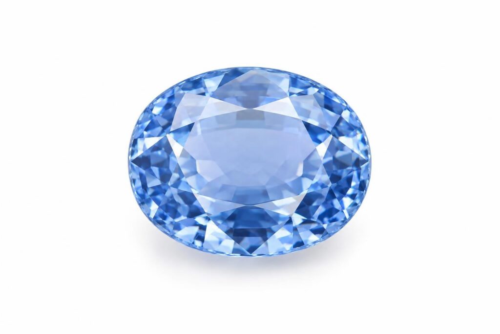 Pale oval-cut sapphire in a soft, clear blue on white
