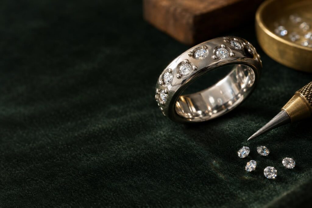 Macro of melee diamonds held by tiny metal beads in a pavé setting with a graver tool beside it