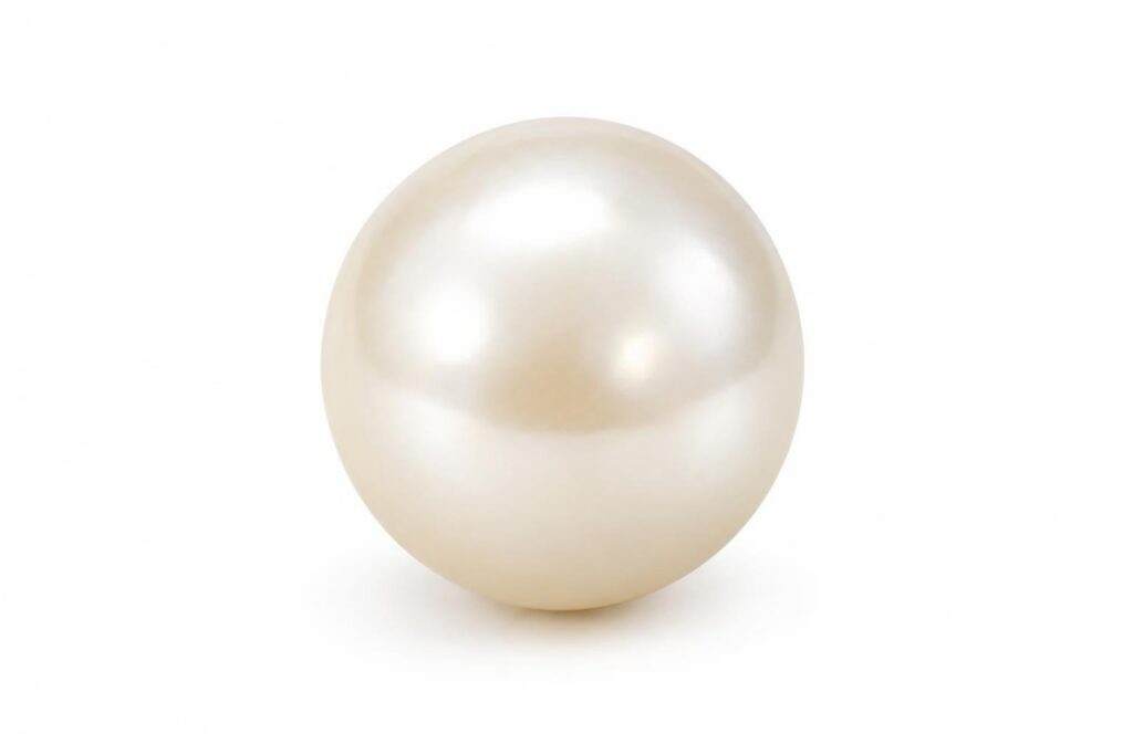 Round pearl with an even pale cream body colour on white