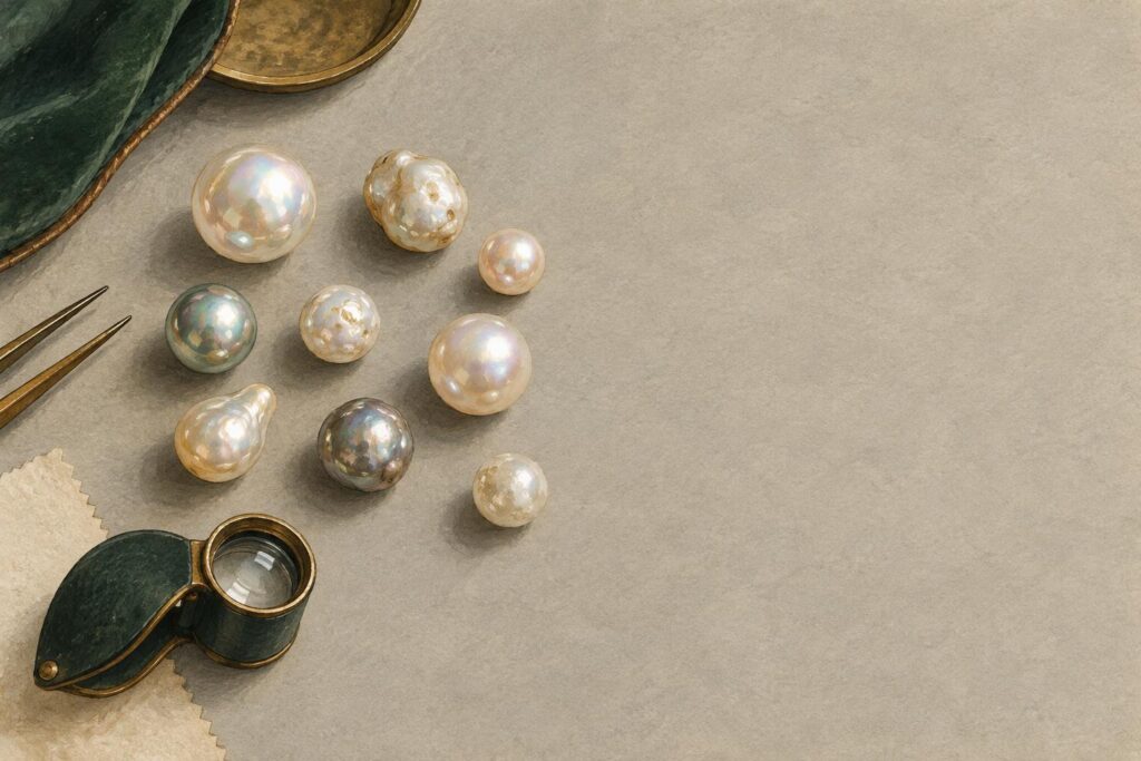 Loose pearls of different quality and lustre arranged on a work surface with a jeweller's loupe nearby