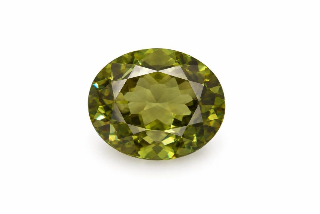Oval-cut peridot in a dull olive green with a brownish undertone, on white