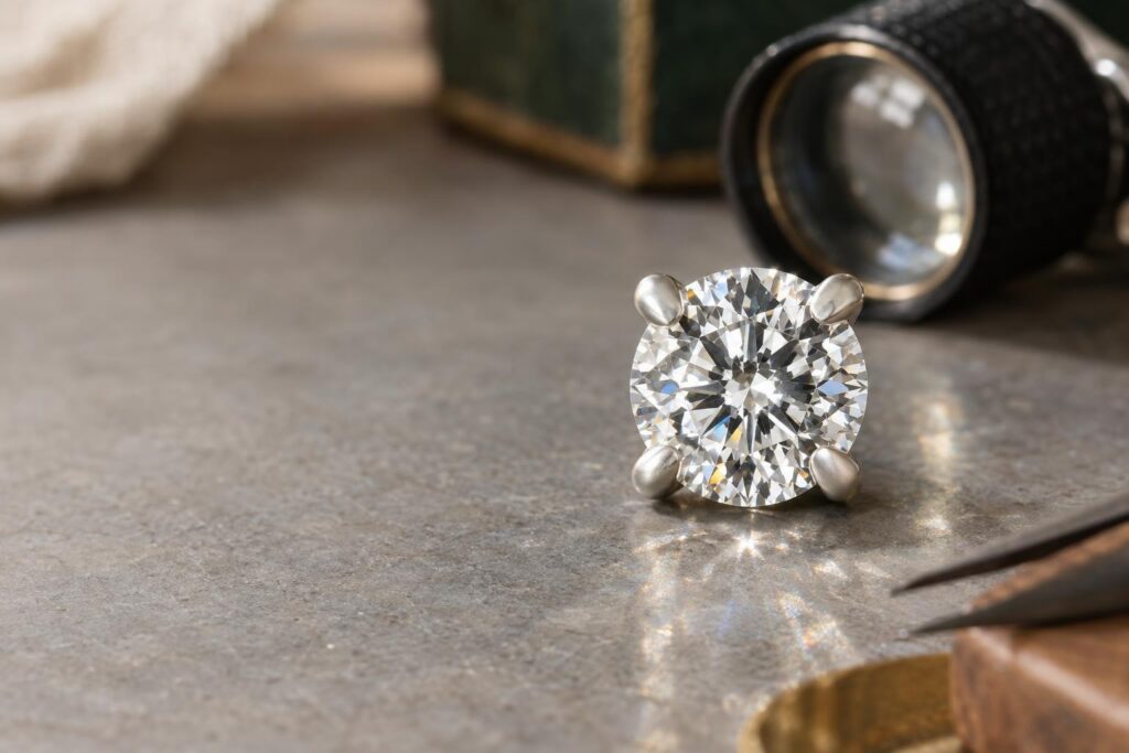 Close-up of sturdy platinum prongs gripping a round brilliant-cut diamond with a soft satin patina