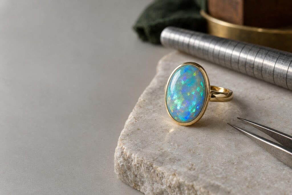 Opal cabochon in a full gold bezel ring on a grey slab with a ring mandrel and tweezers nearby