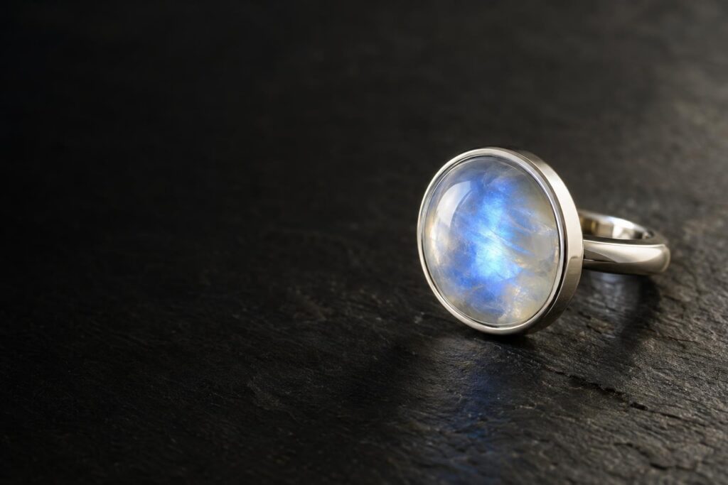 Moonstone cabochon in a smooth white gold bezel showing the metal rim around the stone's edge