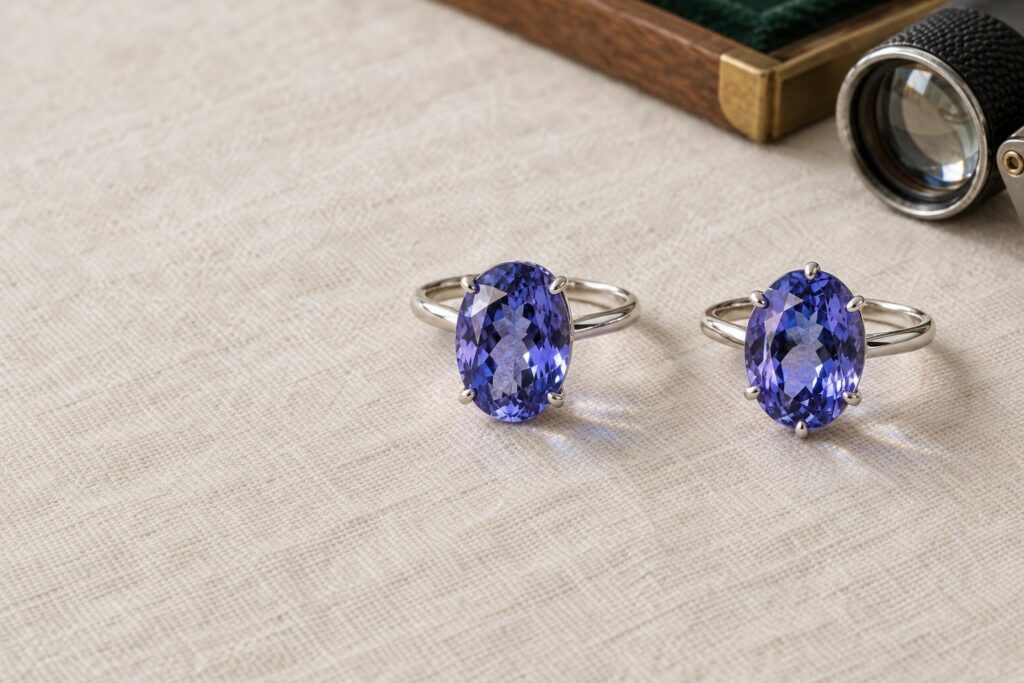 Two tanzanite rings compared, one with four claws and one with six, beside a jeweller's loupe