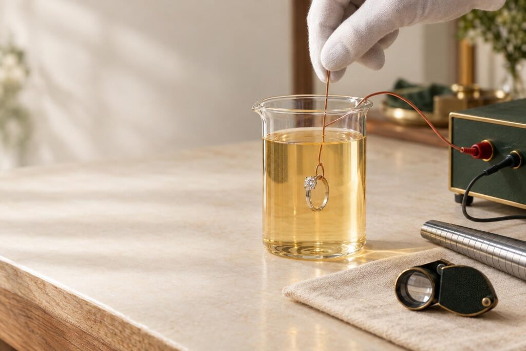 Gloved hand dipping a white gold ring into a beaker of plating solution for electroplating at a jeweller's bench