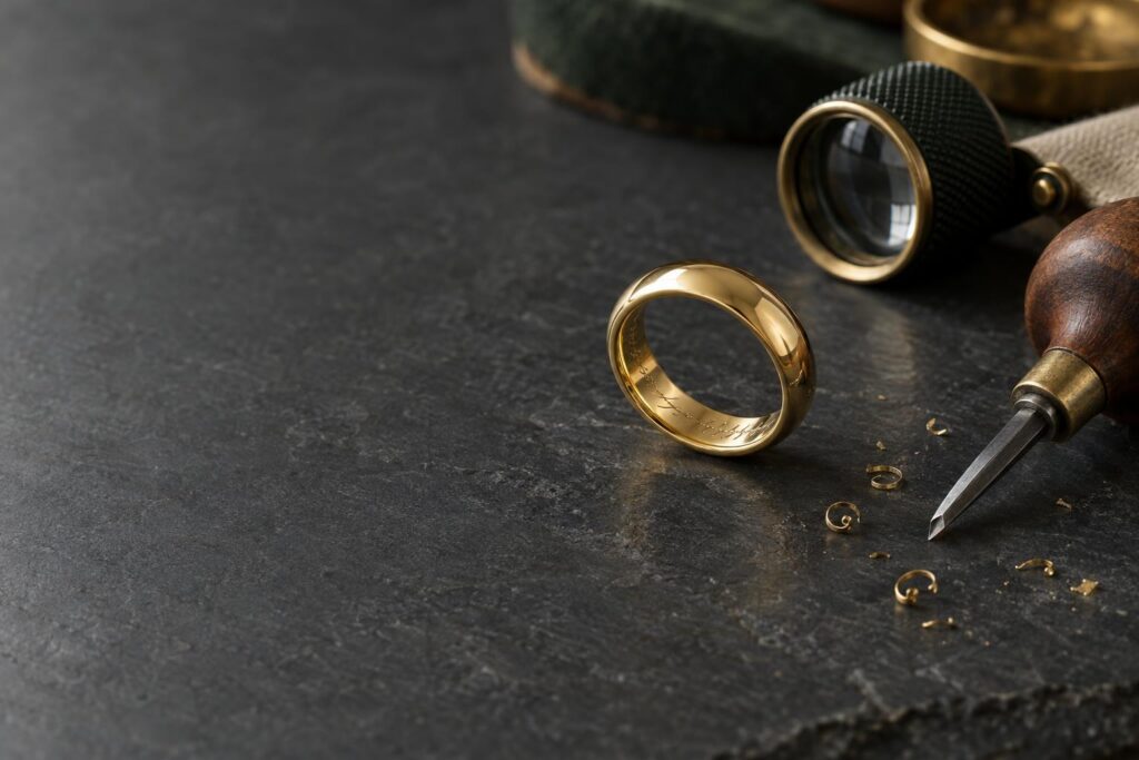 Gold wedding band with fine engraving inside, a graver and loupe beside it on a dark slate bench