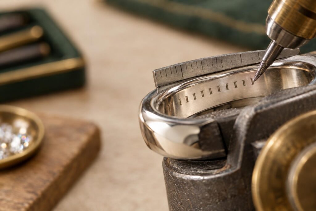 Close-up of a machine cutter engraving evenly spaced letters inside a platinum band held in a clamp