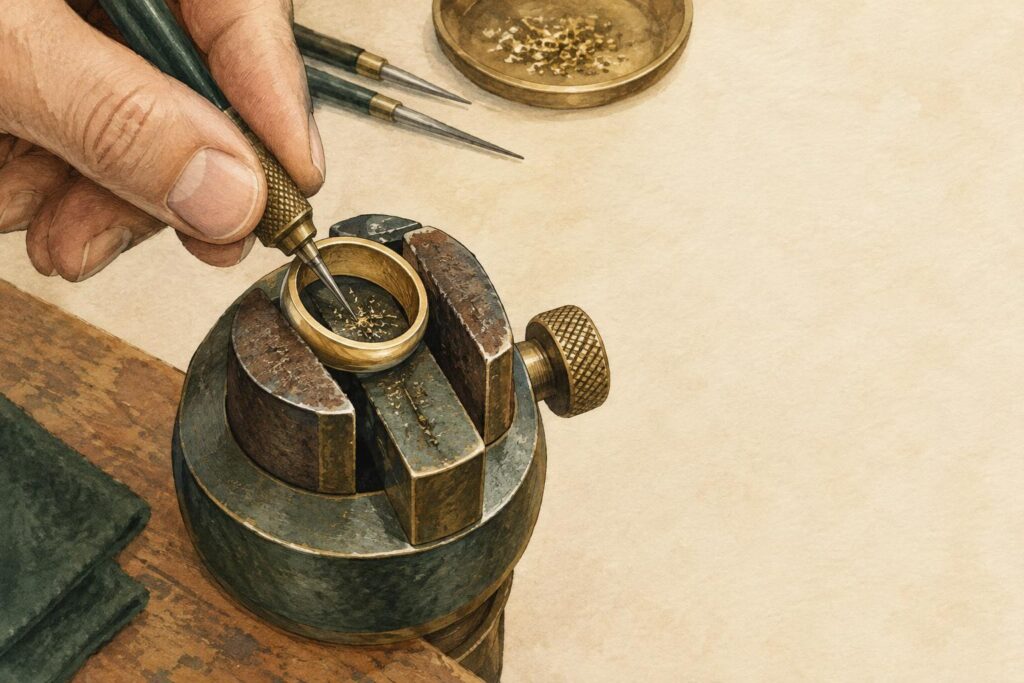 Jeweller's hand using an engraving tool on the inside of a ring band secured in a clamp, with metal shavings visible.