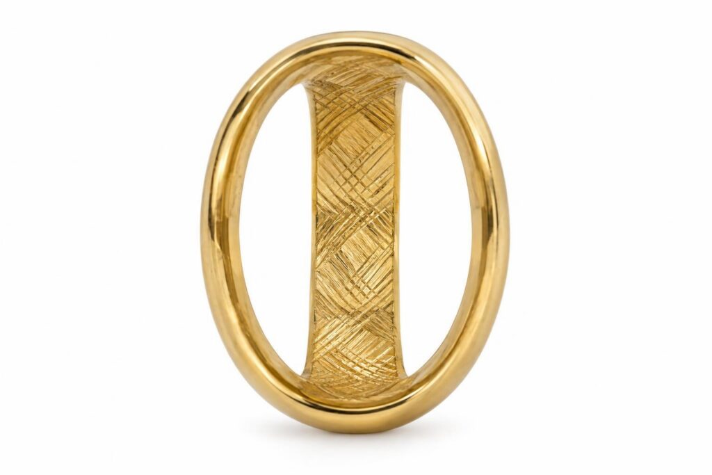 Gold ring interior with a hand-cut Florentine finish of fine crossing parallel lines