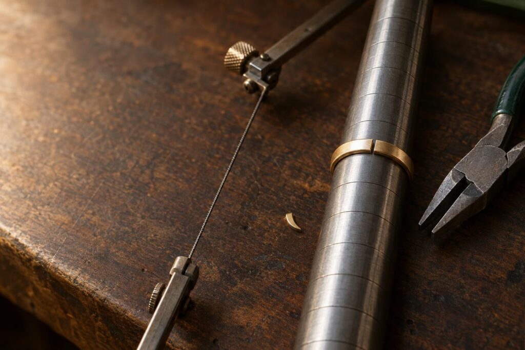 Gold band with a saw cut on a steel ring mandrel beside a piercing saw and pliers on a jeweller's bench