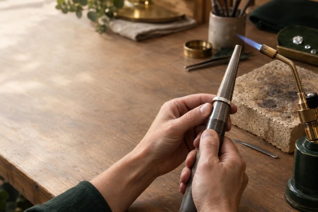 Jeweller's hands stretching a seamless platinum band on a ring stretcher beside a small torch flame